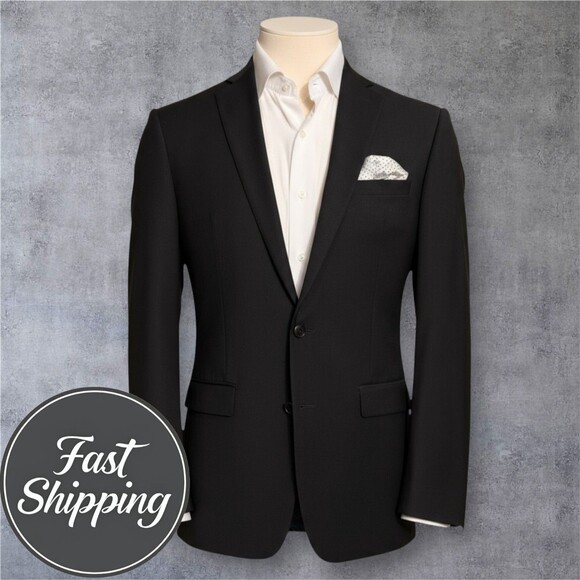 CALVIN KLEIN Men's Blazer 40L Sport Coat Two Button Jacket Black Stretch Wool - Picture 1 of 14